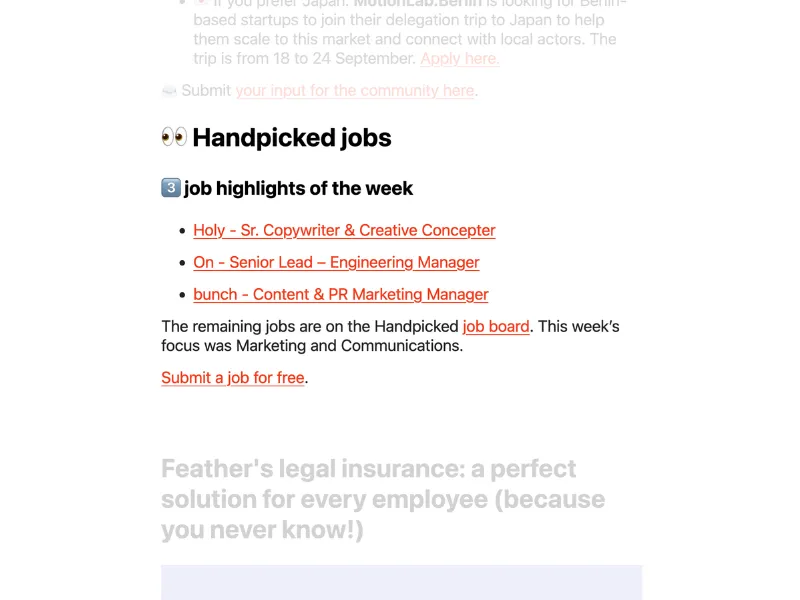 Newsletter screenshot showing the Handpicked Jobs section with three job highlight listings including company name, role title, and links, followed by a wide banner ad for Feather insurance
