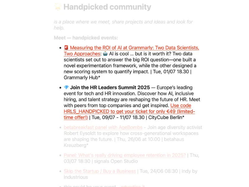 Newsletter screenshot showing the Handpicked Community section with event listings including links to tech meetups and conferences in Berlin