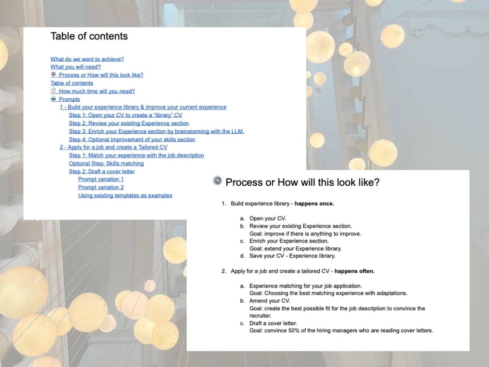 CV guide table of contents on the left and a two-track process overview on the right: building an experience library and tailoring CVs per application