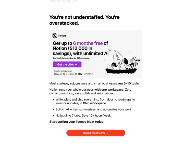 Newsletter screenshot showing a wide banner ad for Notion with a purple illustration, headline, description text, and a call-to-action button