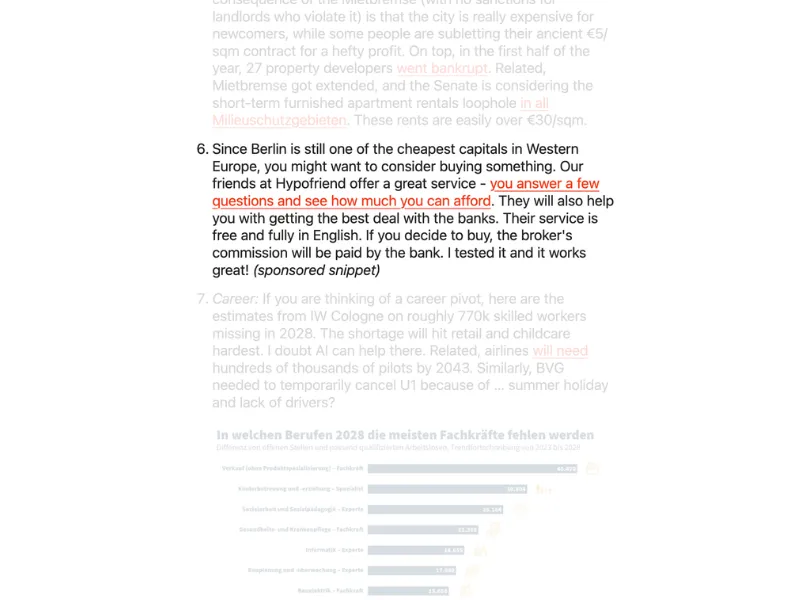 Newsletter screenshot showing a sponsored snippet with a personal recommendation about Hypofriend insurance, blending into the editorial Snippets section