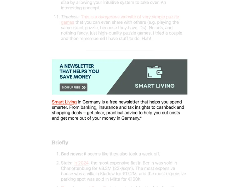 Newsletter screenshot showing a narrow banner ad for Smart Living in Germany with a teal background, short description, and call-to-action button