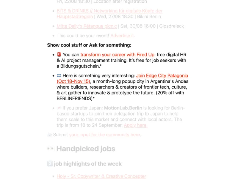 Newsletter screenshot showing the Ask or Show community section with text-only ad entries including links to partner services and community events