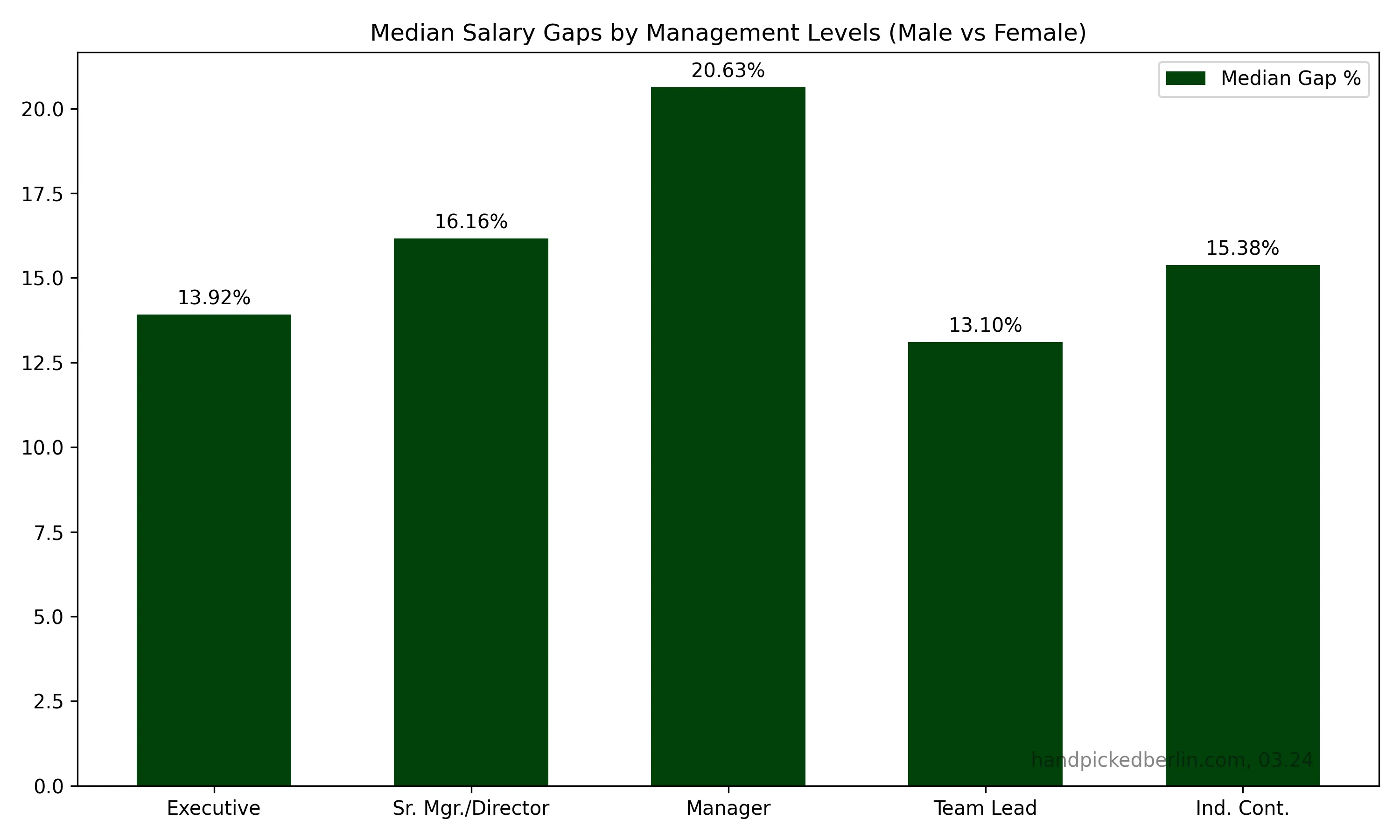 Bar chart of median salary gap percentage by management level: Manager highest at 20.63%, followed by Sr. Manager/Director at 16.16%, Individual Contributor at 15.38%, Executive at 13.92%, and Team Lead at 13.10%