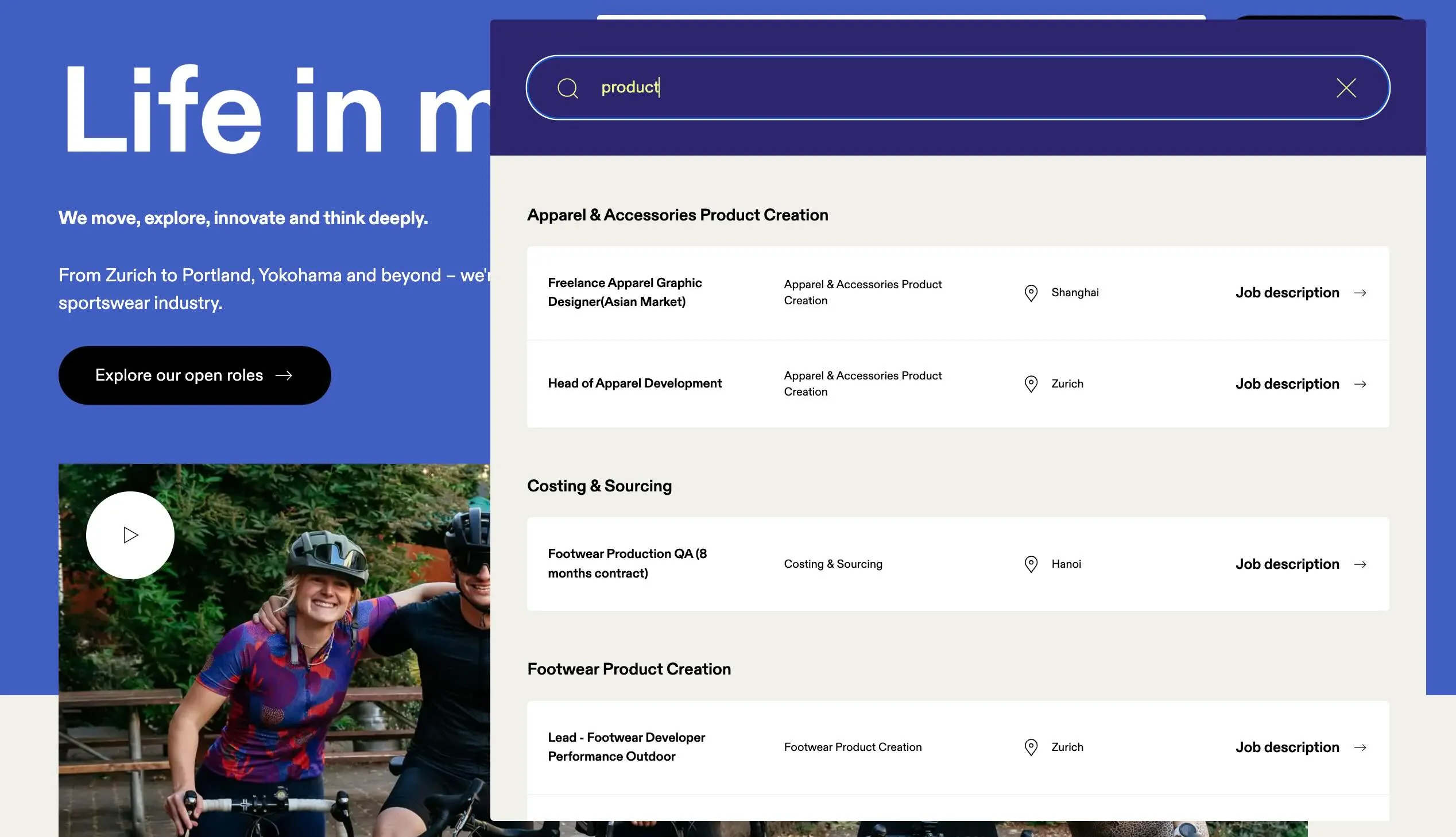 On careers search in action: typing "product" shows a dropdown with matching roles grouped by department across multiple locations