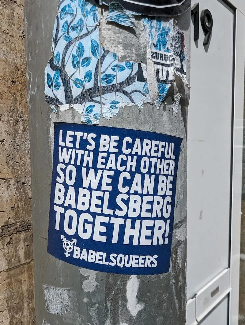 Activism in football: a sticker from SV Babelsberg 03 saying: Let's be careful with each other so we can be Babelsberg together!