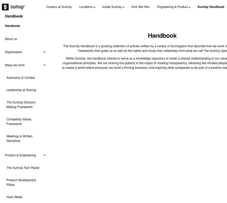 SumUp Handbook page with sidebar navigation showing sections like Organisation, Ways we work, and Product & Engineering