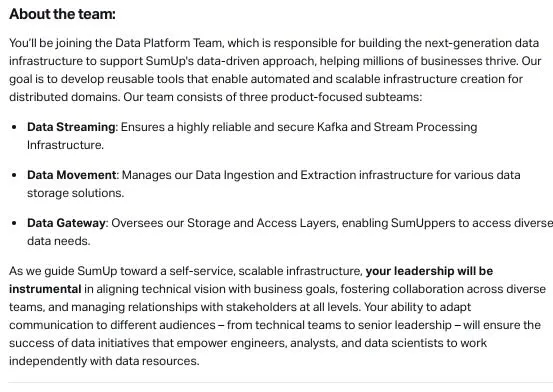 SumUp job description "About the team" section for Data Platform Team, detailing Data Streaming, Data Movement, and Data Gateway subteams