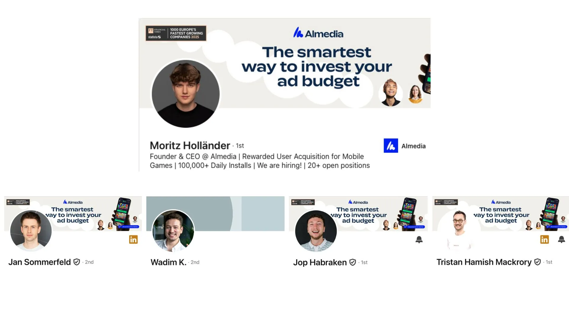 LinkedIn profiles of Almedia leadership: CEO Moritz Holländer and team members Jan Sommerfeld, Wadim K., Jop Habraken, and Tristan Hamish Mackrory