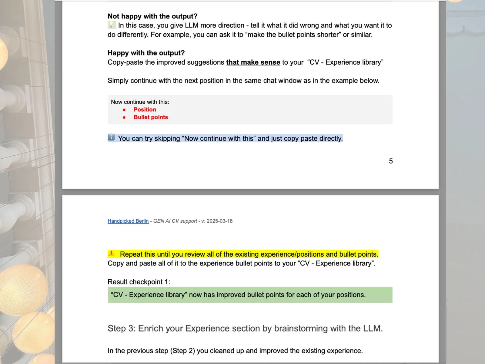 Page from the CV guide showing Step 3: enriching your Experience section by brainstorming with an LLM, with highlighted instructions and checkpoints