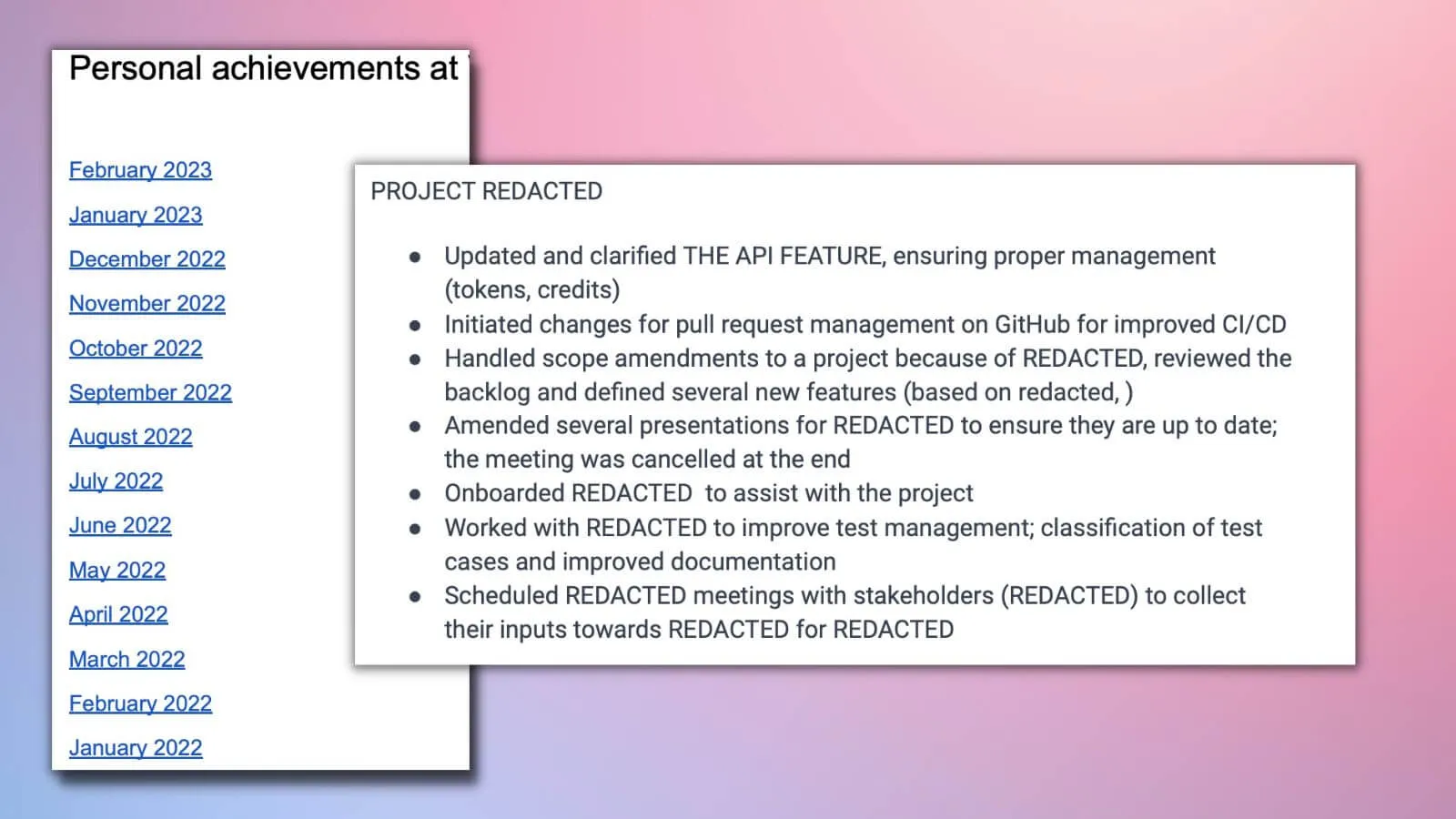 Screenshot of a work journal showing monthly achievements listed by date with redacted project names and bullet-pointed accomplishments