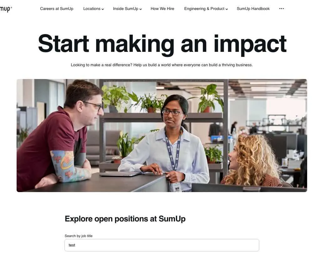 SumUp careers page with "Start making an impact" header, office photo of employees talking, and job search bar below