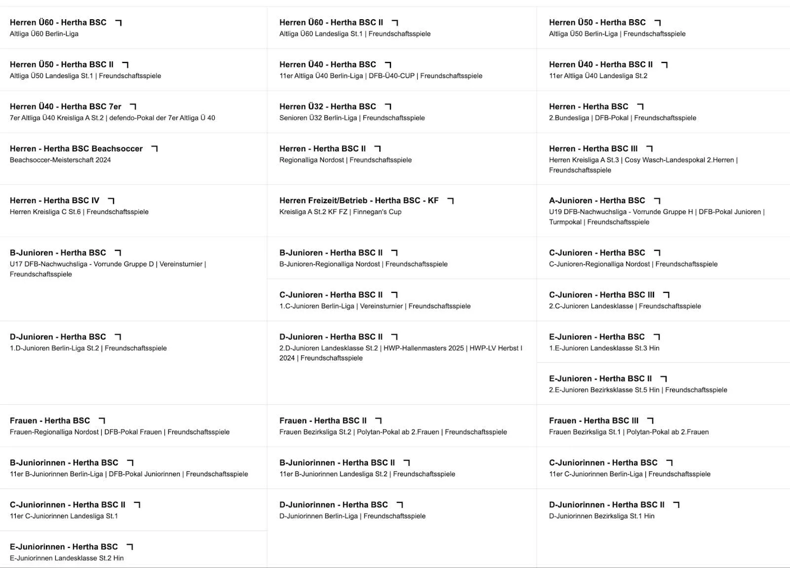Grid listing all 34 Hertha BSC teams from men's, women's, and youth divisions with their league levels