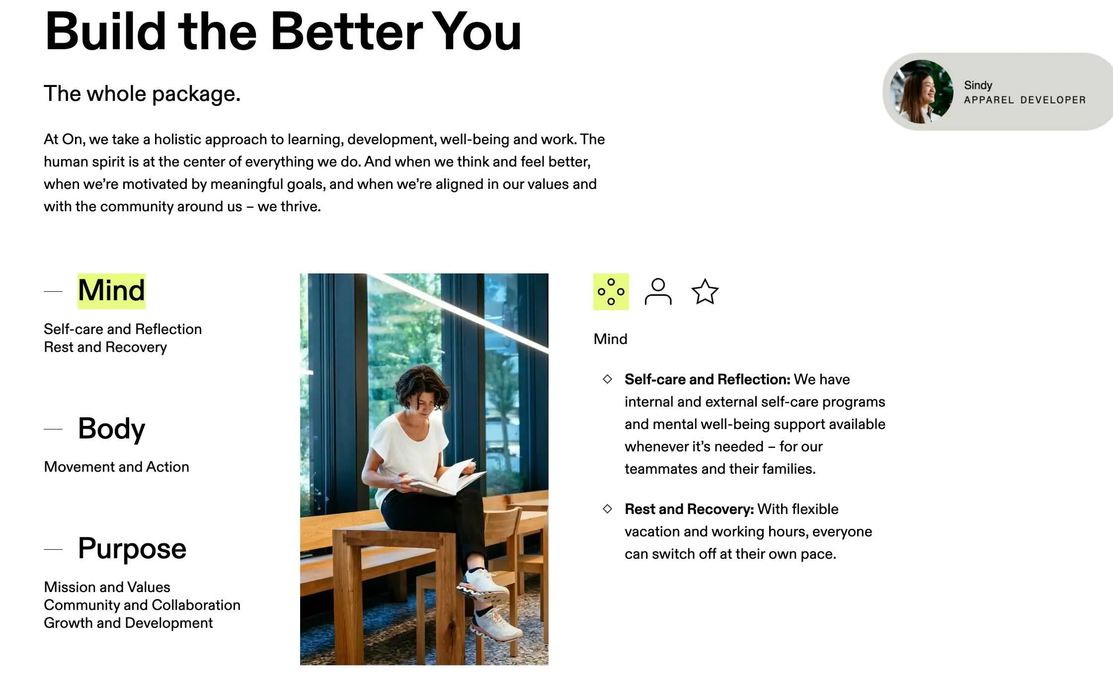 On's "Build the Better You" benefits page showing Mind, Body, and Purpose categories with an employee profile card for Sindy, Apparel Developer