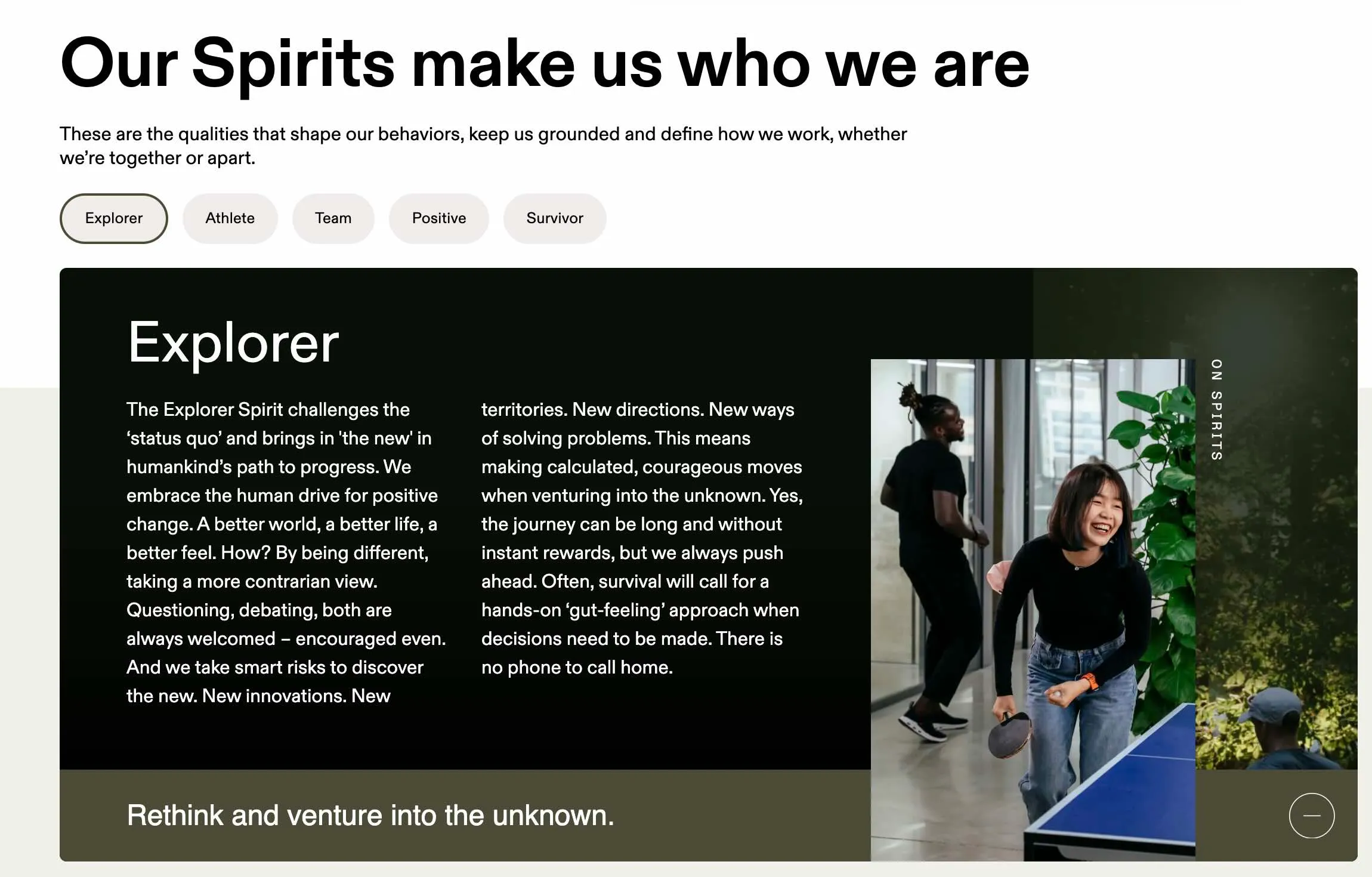On's "Our Spirits" page showing the Explorer value with descriptive text and a photo of employees playing table tennis