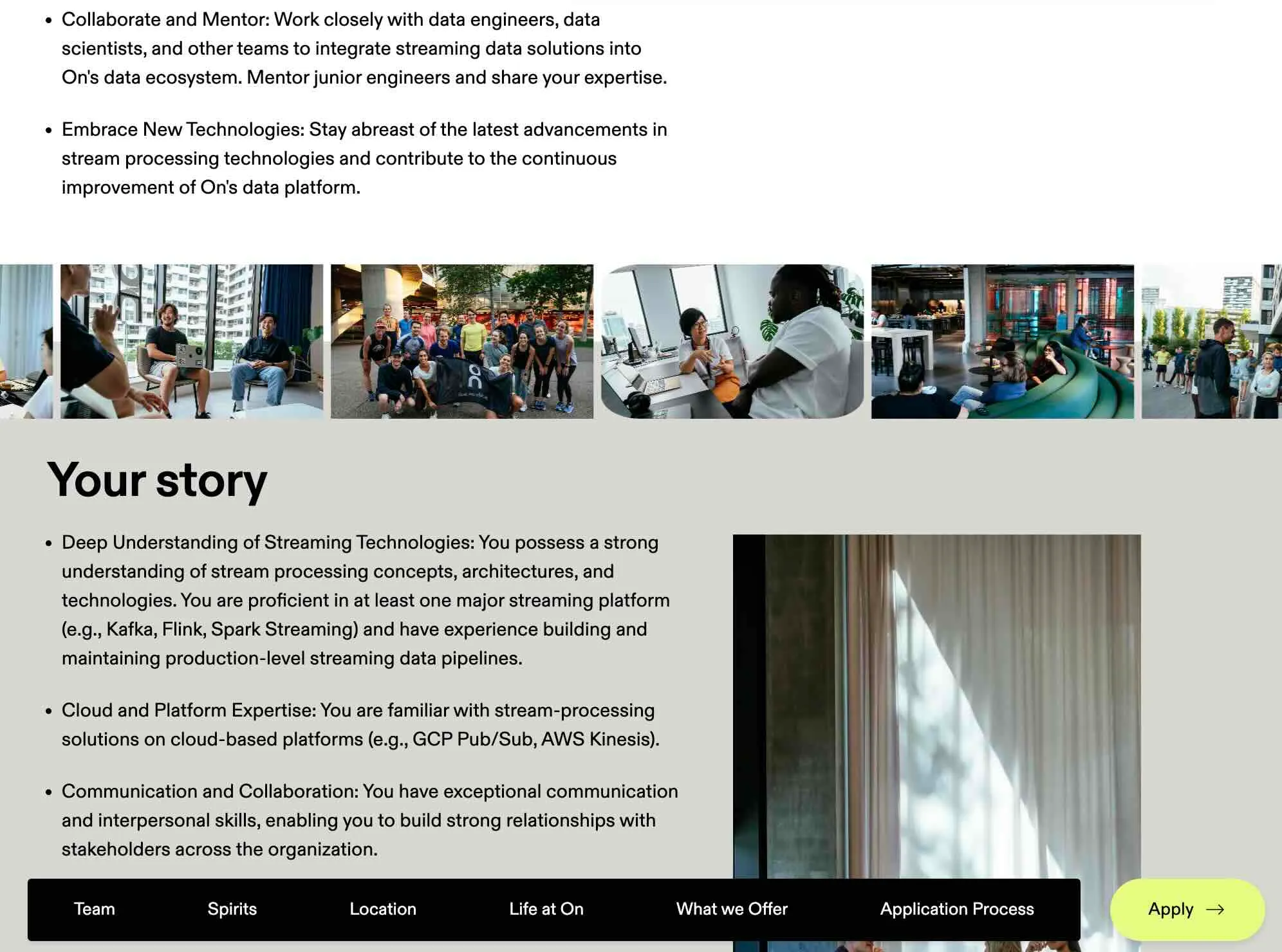 On job description page showing role requirements under "Your story", team photos in a gallery strip, and navigation tabs for Team, Spirits, and Application Process