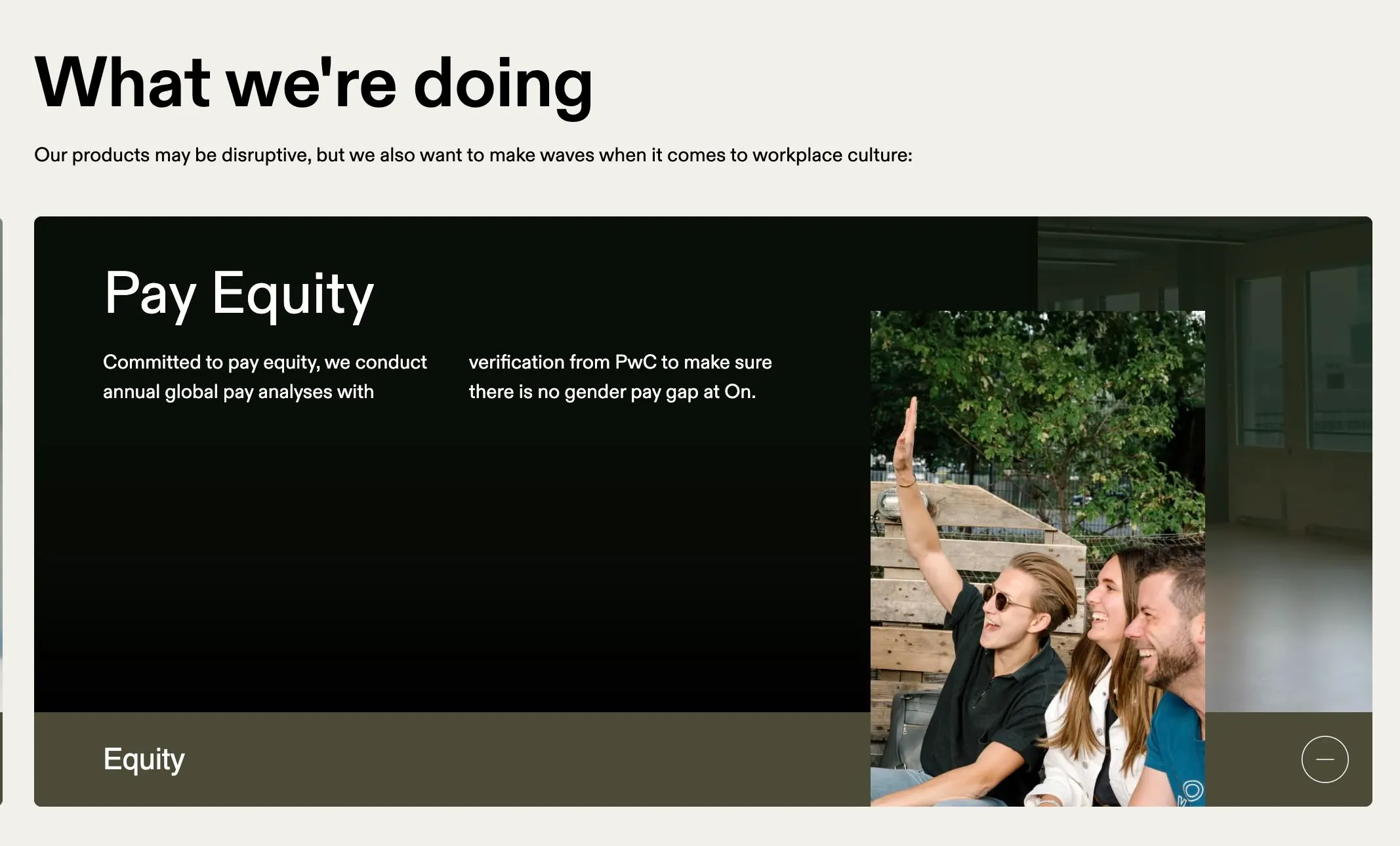 On's Pay Equity section stating they conduct annual global pay analyses with PwC verification to ensure no gender pay gap
