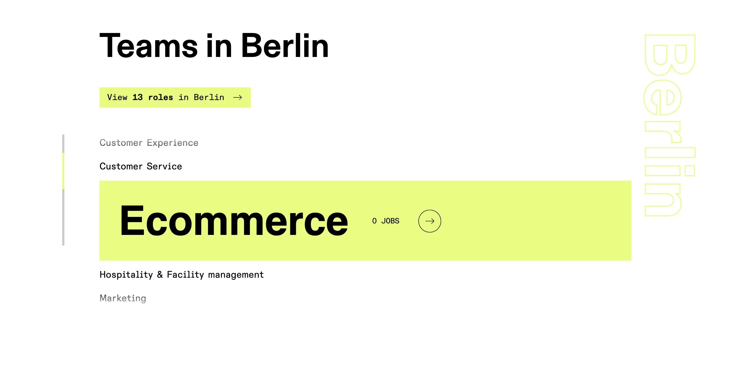 On's Berlin teams page showing a scrollable department list with categories like Ecommerce showing 0 jobs, requiring unnecessary scrolling