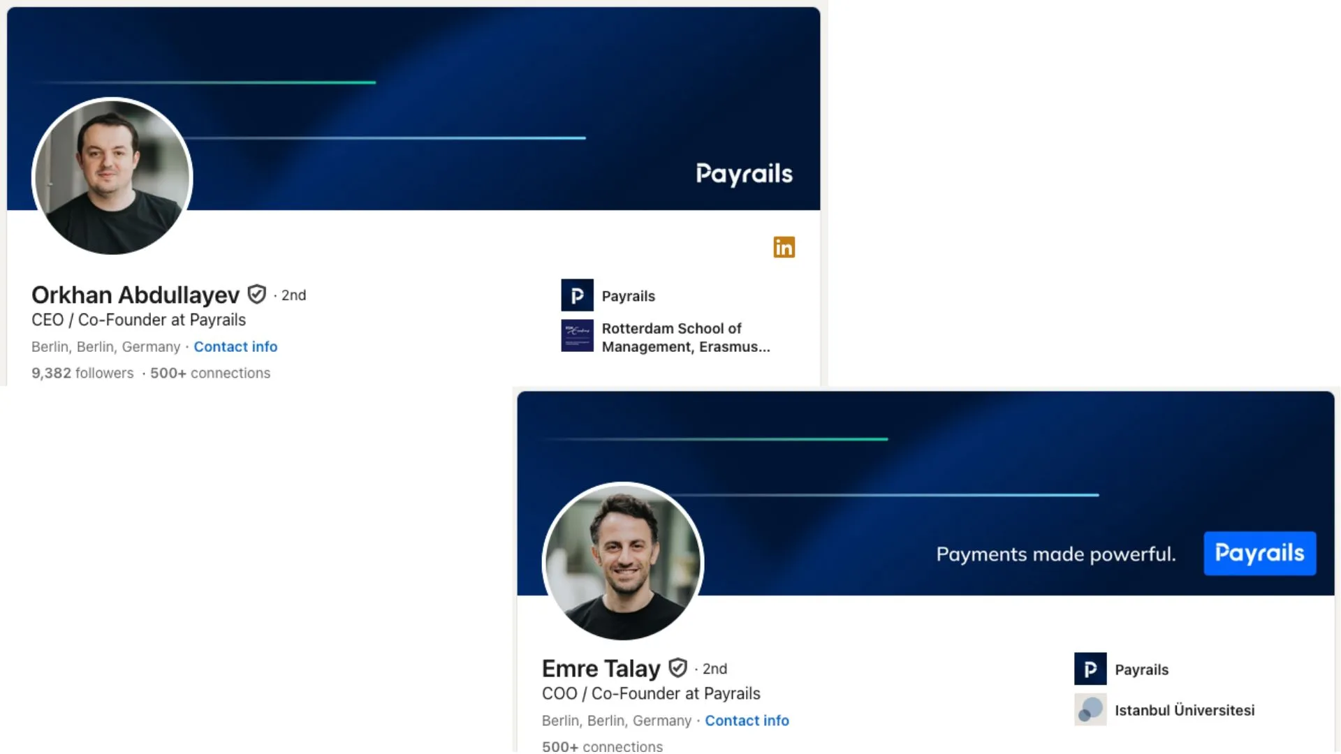 LinkedIn profiles of Payrails co-founders: Orkhan Abdullayev (CEO) and Emre Talay (COO), both based in Berlin