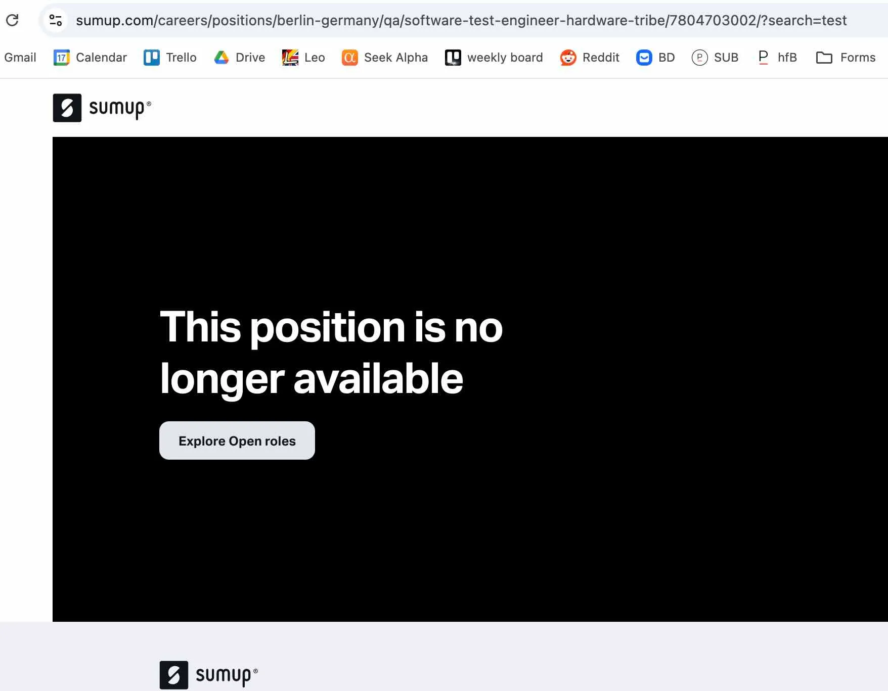 SumUp careers page showing "This position is no longer available" with an "Explore Open roles" button on a black background