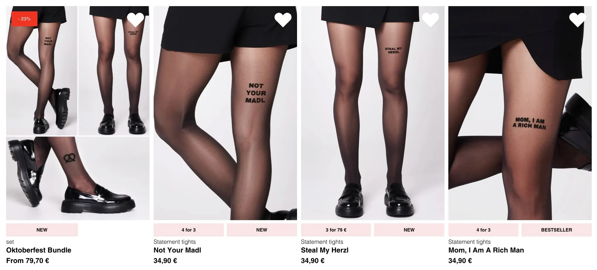 Saint Sass product grid showing four styles of statement tights with printed slogans: Oktoberfest Bundle, Not Your Madl, Steal My Herzl, and Mom I Am A Rich Man
