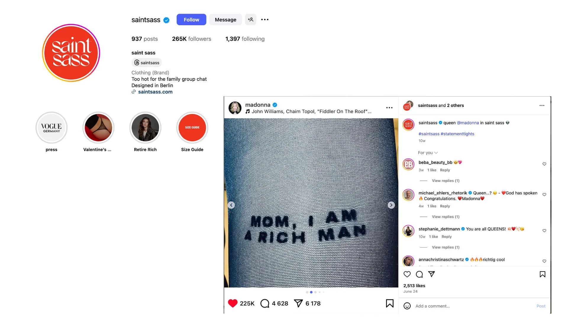 Saint Sass Instagram profile showing social media engagement