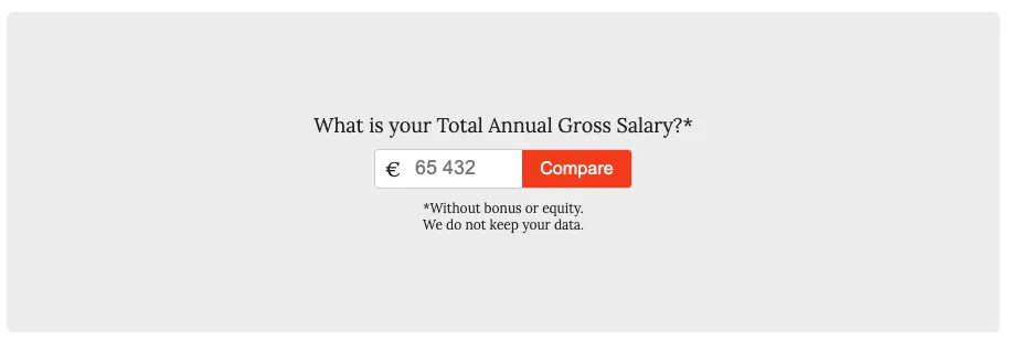 Interactive salary comparison tool with a euro input field, a red Compare button, and a note that data excludes bonus and equity