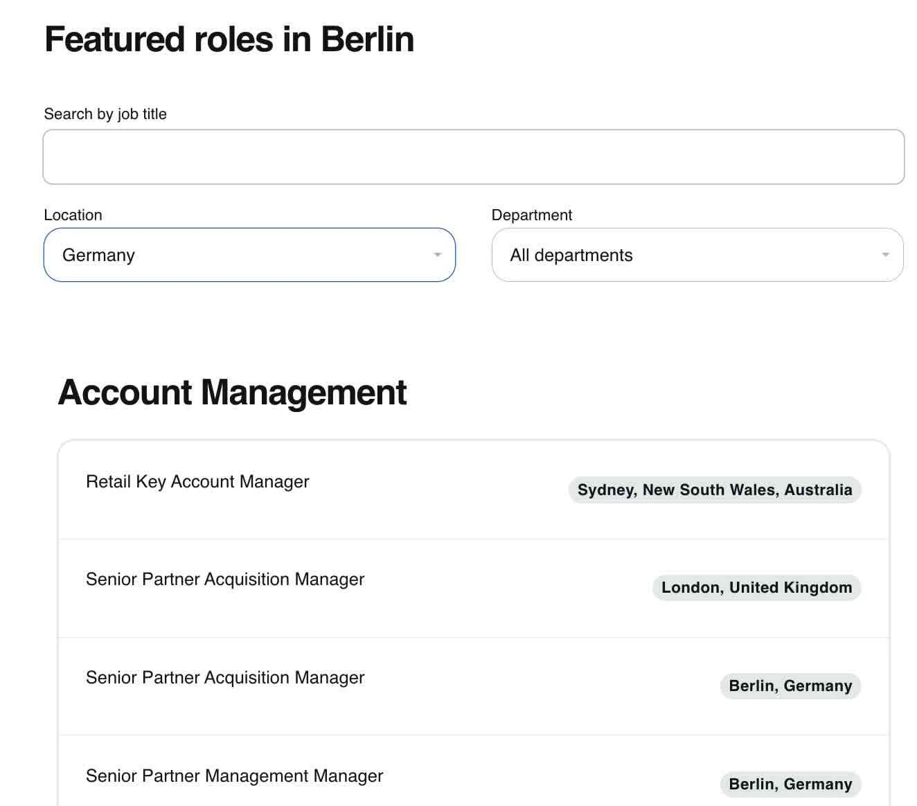SumUp job search filtered to Germany showing mismatched results: roles in Sydney, London, and Berlin listed under Account Management