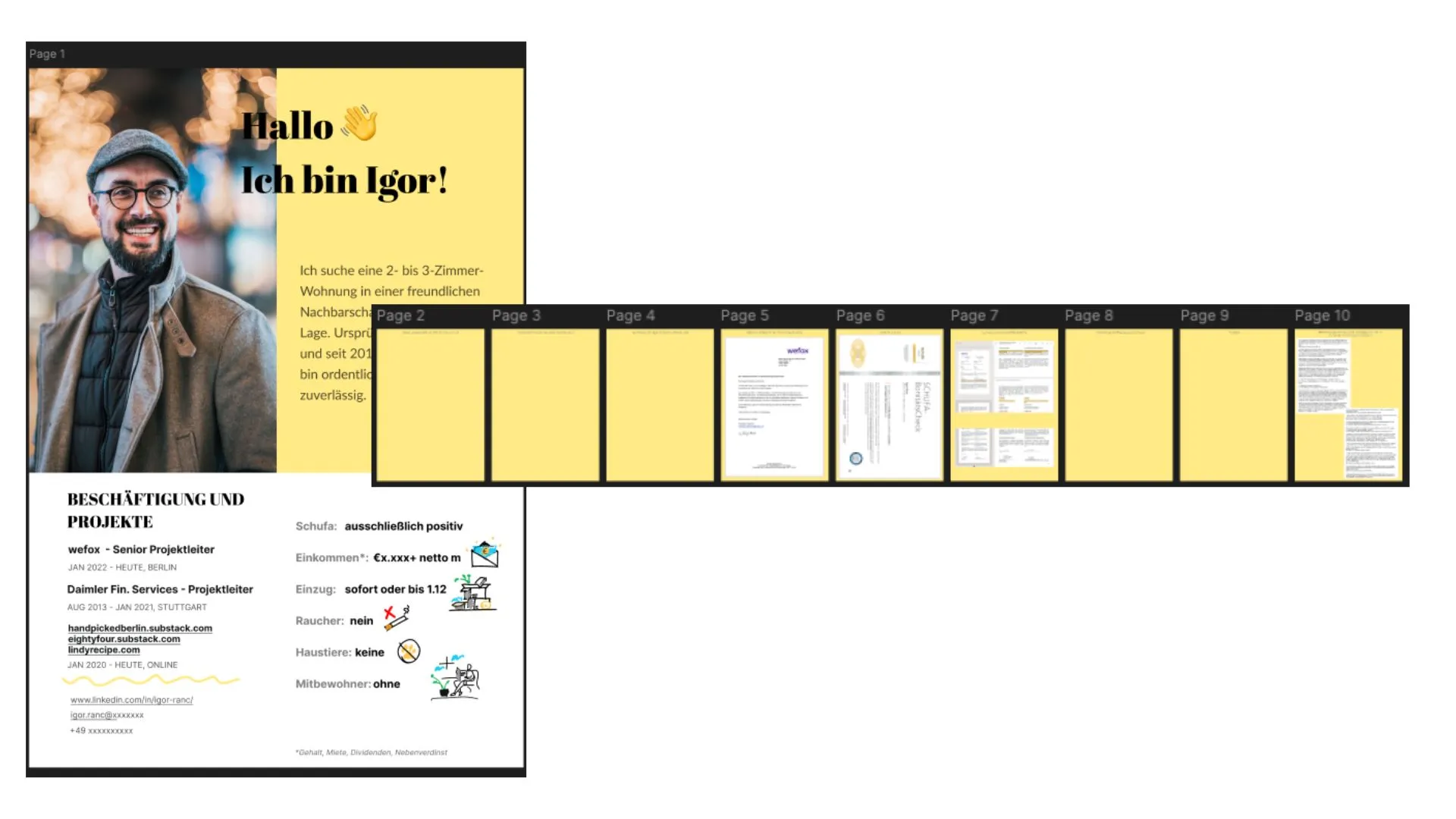 Multi-page apartment application template designed in Figma, with a yellow-themed cover page showing a photo and personal details, followed by supporting document pages