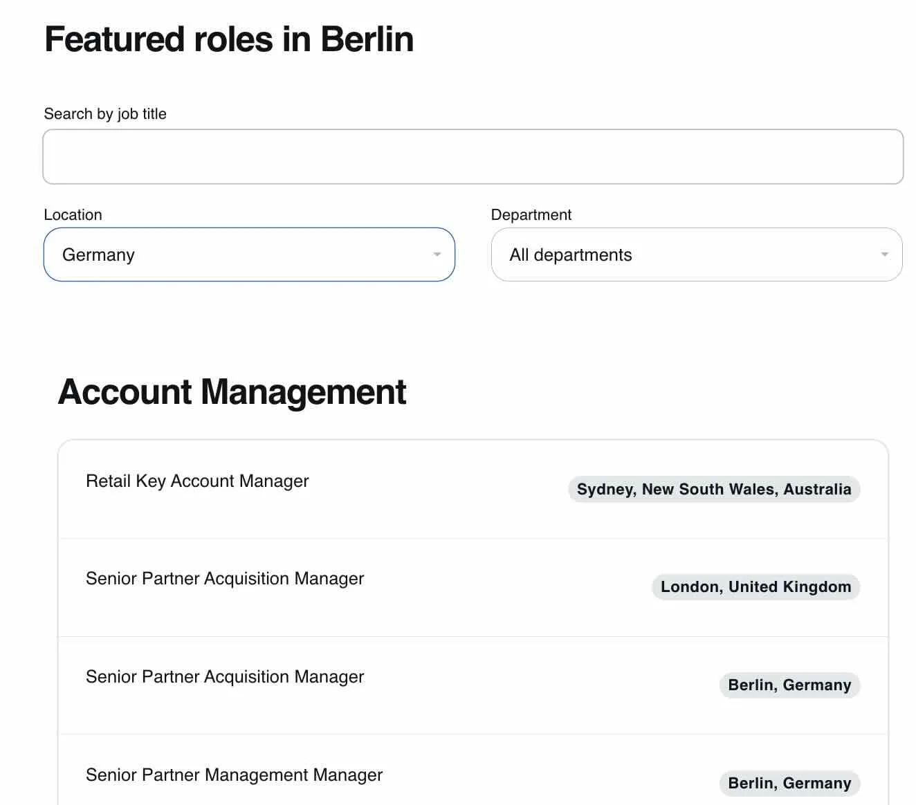 SumUp "Featured roles in Berlin" section showing the same job search filters and Account Management roles, not actually featuring curated positions